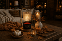 A warm autumn-themed candle lamp with a black jar, glowing red wax, and a textured clear glass shade on a wooden base, styled on a rustic table with pumpkins, candles, and cozy home decor in the background.