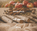 Noble Apple fragrance notes with matching visuals: Crisp Apple, Warm Spice, Birchwood, & Musk.