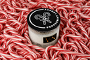 A jar candle labeled 'Peppermint Legacy' by The Velvet Noble, surrounded by a dense bed of red and white candy canes. The jar has a black lid with white text and a white wax body.