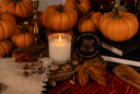 A lit candle in a textured glass holder sits on a wooden tray beside a round black coaster printed with the words 'The Velvet Noble Velvet Pumpkin' and an orange pumpkin illustration. The scene is styled with autumn leaves, pinecones, cinnamon sticks, and small pumpkins in a warm, dark setting.