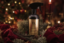 A dark brown velvet spray bottle with a gold label reading 'Velvet Sparkle' and 'All-purpose Cleanser' is styled on a festive Christmas wreath with red velvet ribbons, pinecones, and a burning candle in the background.