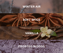 Four horizontal scent panels labeled WINTER AIR, SOFT SPICE, VANILLA, and FROSTED WOODS, each with a warm-toned close-up photo and white text centered over it.