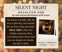 A promotional graphic for a candle product titled 'SILENT NIGHT' with decorative holiday background bokeh lights. The design includes text describing a calm, peaceful holiday atmosphere, a small product photo of a candle in a jar, and scent profile text reading 'Nostalgic & Luxe'.