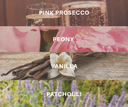 Collage of pink prosecco, peony, vanilla, and patchouli with corresponding labels.