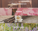 Collage of pink prosecco, peony, vanilla, and patchouli with corresponding labels.