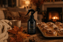 A black spray bottle labeled 'Velvet Home' stands on a rustic wooden table in a cozy indoor setting with a fireplace, cinnamon rolls on a tray, autumn leaves, and a mug in the background.
