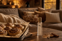 A clear rectangular bottle with a gold cap stands on a rustic wooden table beside a tray of cinnamon rolls and a dried leaf, with a cozy living room sofa in the background.