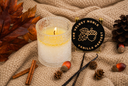 A lit candle in a textured clear glass holder sits on a beige knit blanket with autumn-themed props including brown leaves, pinecones, acorns, cinnamon sticks, vanilla beans, and a round black label reading 'THE VELVET NOBLE VANILLA HARVEST'.