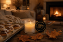 A lit candle in a textured glass holder sits on a wooden table in a cozy living room setting, with cinnamon rolls, autumn leaves, and a round sign reading 'The Velvet Noble Vanilla Harvest' nearby.