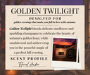 A product information card for Golden Twilight scent profile, featuring descriptive text about a blend of starflower and sparkling champagne with autumn themes, alongside a small photo of a candle jar and a circular label on a warm-toned background.