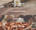 Fragrance notes with corresponding imagery: Vanilla Bean, Cashmere Musk, Cedarwood, and Sandalwood