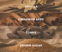 Fragrance notes with matching visuals for Vanilla Harvest: Vanilla, Cinnamon Bark, Tonka, & Brown Sugar.
