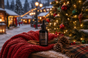 A bottle of Velvet Drops Luxury Warmer Oil stands on a snowy surface beside a red knit blanket, cinnamon sticks, pinecones, and a decorated Christmas tree in a snowy village setting at dusk.