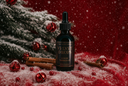 A dark glass dropper bottle labeled 'Velvet Drops Luxury Warmer Oil" stands on a snowy red surface with cinnamon sticks, red ornaments, and a pine tree in the background.