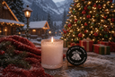 A lit frosted glass candle sits on a snowy surface beside a round black decorative lid reading 'The Velvet Noble Velvet Hollydays,' with a decorated Christmas tree, wrapped gifts, pine branches, and a cozy mountain village in the background.