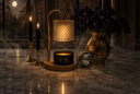 A moody tabletop still life featuring a black candle tin with gold lettering, a gold-framed lamp with a glowing textured shade, two black taper candles in gold holders, a round black tin, and a vase of dark purple flowers against a dark windowed background.
