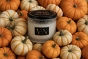 A jar candle labeled 'VN The Velvet Noble' sits centered among many small orange and cream pumpkins. The candle jar is topped with a black lid featuring orange lettering, and surrounded by seasonal pumpkins.