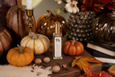 A clear glass bottle with a gold cap and a white label reading 'VELVET PUMPKIN' stands on a rustic wooden surface surrounded by orange pumpkins, a white speckled pumpkin, walnuts, dried leaves, books, and decorative pumpkins in an autumn setting.