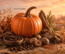A still life of Velvet Pumpkin fragrance notes: Sweet Pumpkin, Cedarwood, Clove, & Nutmeg.
