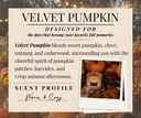 A scent profile card for 'Velvet Pumpkin', featuring a warm beige background with elegant black typography. The card describes the scent as a blend of pumpkin, clove, nutmeg, and cedarwood, accompanied by a small photo of pumpkins, a candle, and autumn leaves.