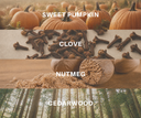 Collage of pumpkins, cloves, nutmeg, and cedarwood with labels.