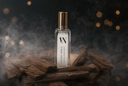 A clear rectangular bottle with a gold cap stands on a pile of dark wood chunks with visible smoke and warm blurred lights in the background. The bottle label reads 'VN' and 'VELVET SPELL'.
