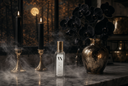 A clear rectangular bottle with a gold cap stands on a marble surface, surrounded by black candles in gold holders and a vase of black orchids, with mist and a dark moody background.