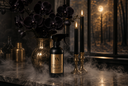A dark gothic spray bottle labeled 'Velvet Sparkle' sits on a marble surface surrounded by black candles, a vase of black orchids, and dry ice mist, with a moody window scene in the background.