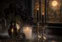 A moody tabletop scene with a bronze vase of very dark purple-black orchids, a lit white candle in a smoky glass jar, and two lit black taper candles in gold holders. A round black candle lid reading 'Velvet Spell' rests near the base.