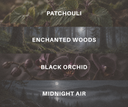 A picture showing Velvet Spell's fragrance notes alongside matching imagery. Includes: Patchouli, Enchanted Woods, Black Orchid, & Midnight Air