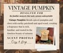 A promotional graphic for a fragrance product titled 'Vintage Pumpkin' with descriptive text on a parchment-style card, a small product photo of a beige bag labeled 'Velvet Powder,' and an autumn-themed background showing pumpkins and warm interior decor.