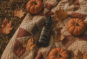 A dark amber glass dropper bottle labeled 'VELVET DROPS' lies on a quilted autumn blanket with pumpkins and dry leaves around it.