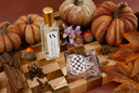A clear rectangular bottle with a gold cap stands centered on a wooden board, surrounded by decorative autumn props including small pumpkins, leaves, pinecones, and a small purple flower. The background is a warm terracotta wall with a cream textile hanging at the top.