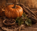 Vintage pumpkin fragrance notes with matching visuals: Spiced Pumpkin, Patchouli, Clove, & Aged Wood