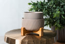 A fragrance warmer with a wooden stand on a golden surface with a plant in the background